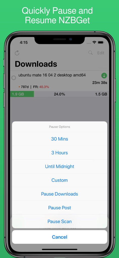 NZBClient mobile app screenshot displaying download progress and a pause options menu with timed intervals for NZBGet.