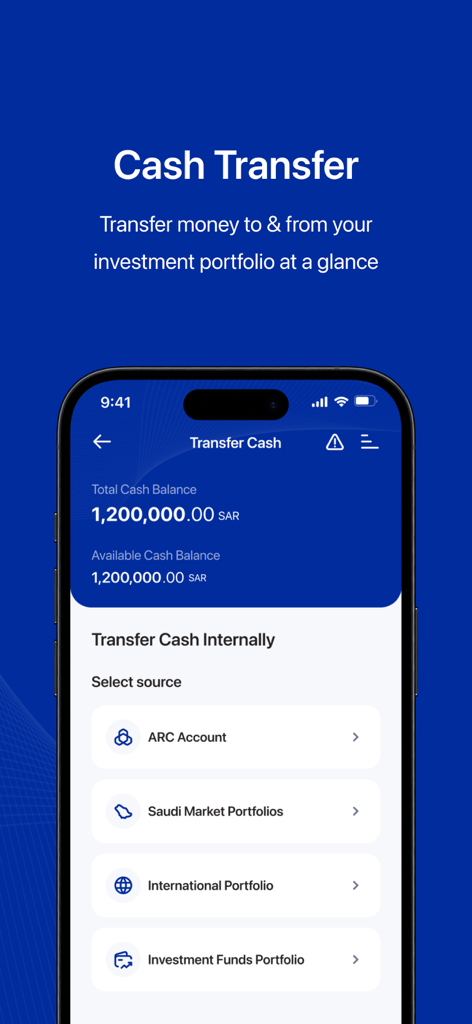 Interface de l'application AlRajhi Capital pour le transfert de fonds entre les portefeuilles d'investissement