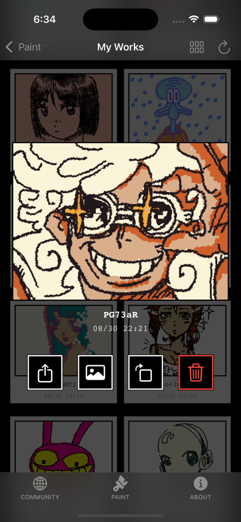 JigglyPaint app gallery showing user drawings and a character preview on the My Works screen