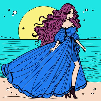beautiful woman with a vaporous long dress walking on the beach at the noon, detailed art