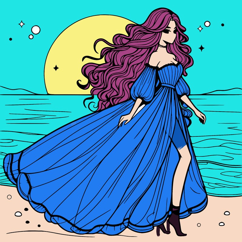 beautiful woman with a vaporous long dress walking on the beach at the noon, detailed art