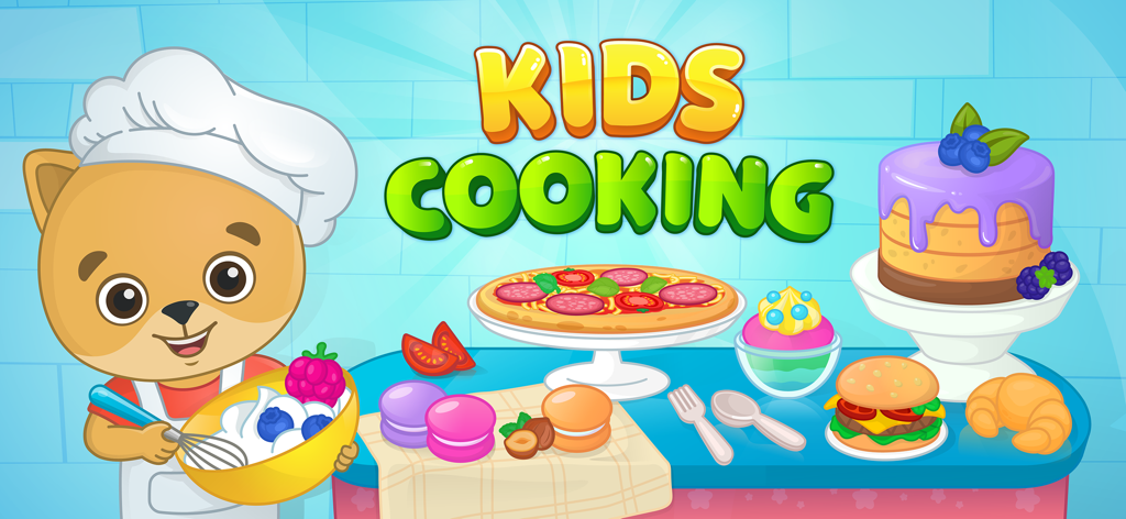 Kids Cooking: Toddler Games - Personaggio di Bimi Boo come chef con torta pizza e hamburger