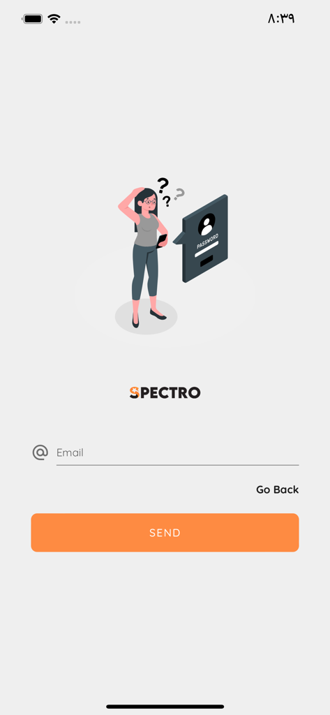 SpectroNova App Passwort-Wiederherstellungsbildschirm mit E-Mail-Eingabefeld und orangefarbenem Senden-Button
