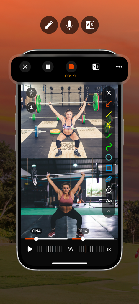 CoachNow app showing side by side video analysis of a weightlifter