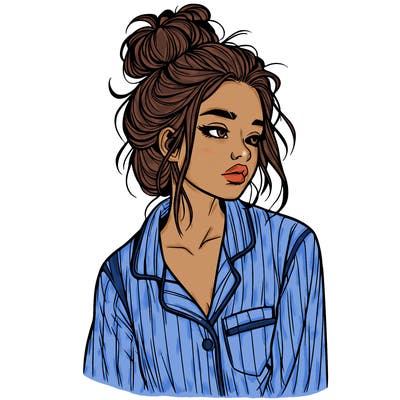 realistic woman with pajamas on and a messy bun