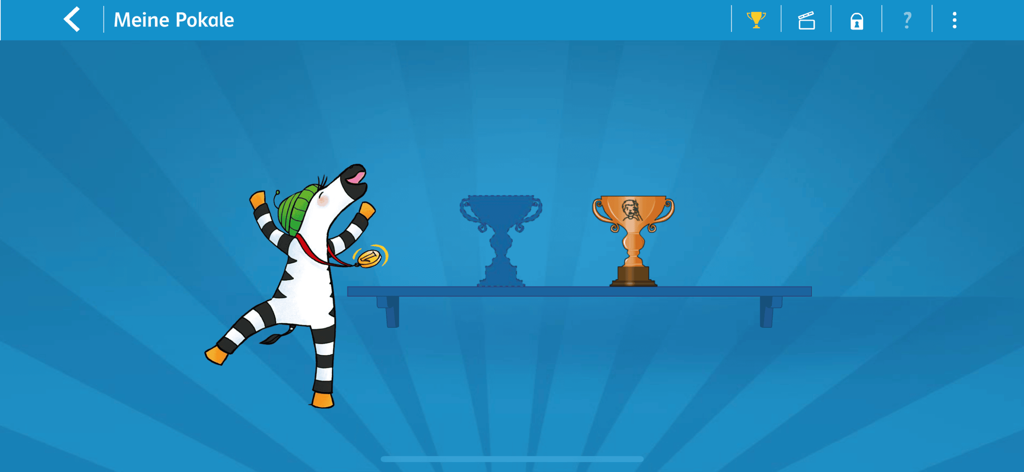 Captura de tela do aplicativo Zebra Schreibtabelle mostrando a sala de troféus com o personagem zebra celebrando seu progresso.