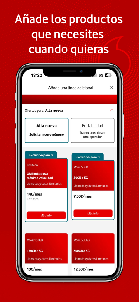 Interfaz de la app Mi Vodafone mostrando varias ofertas de planes de datos móviles y opciones para añadir una línea telefónica adicional.