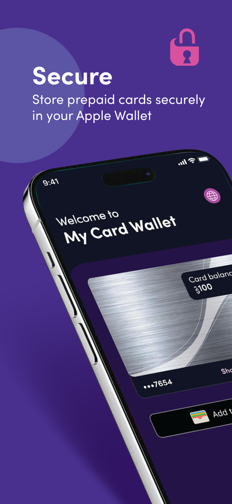 MyCardWallet app interface showing secure prepaid card storage and Apple Wallet integration on an iPhone.