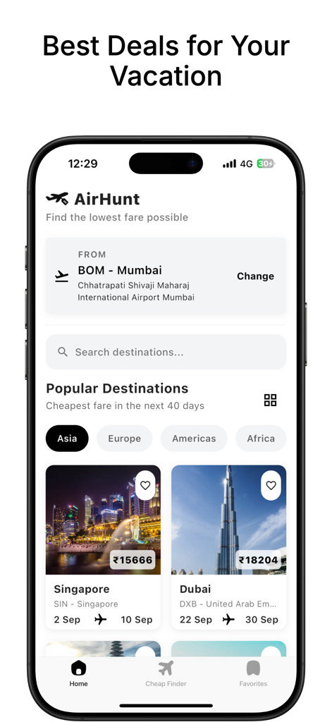 AirHunt mobile app displaying cheap flight deals to Singapore and Dubai from Mumbai