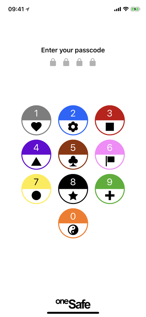 Passcode entry screen in oneSafe featuring a unique numeric keypad with colorful circles and symbols for enhanced security.