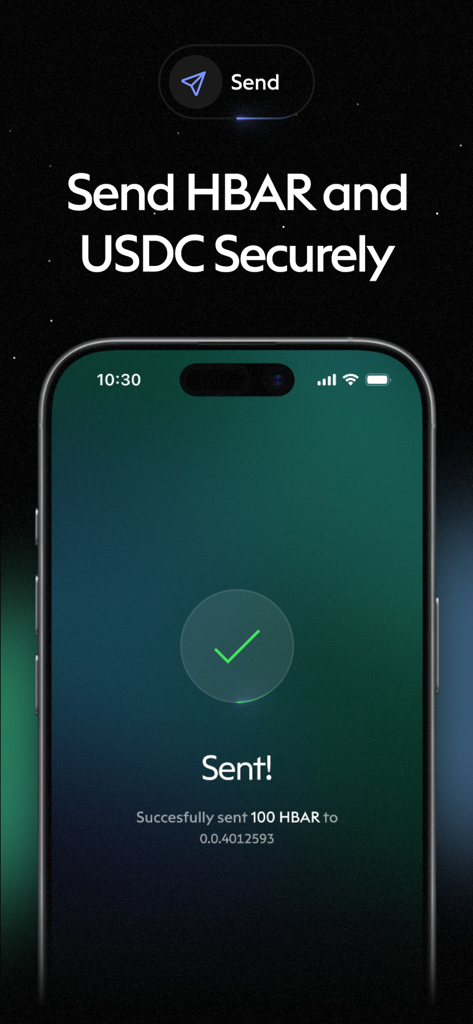SaucerSwap: Hedera Wallet - Smartphone screen showing a successful HBAR transaction in the SaucerSwap Hedera Wallet app
