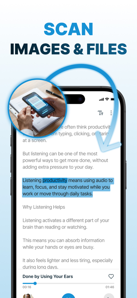 Lisy AI: Text to Speech - A smartphone scanning a physical document to convert text into speech using the Lisy AI app.