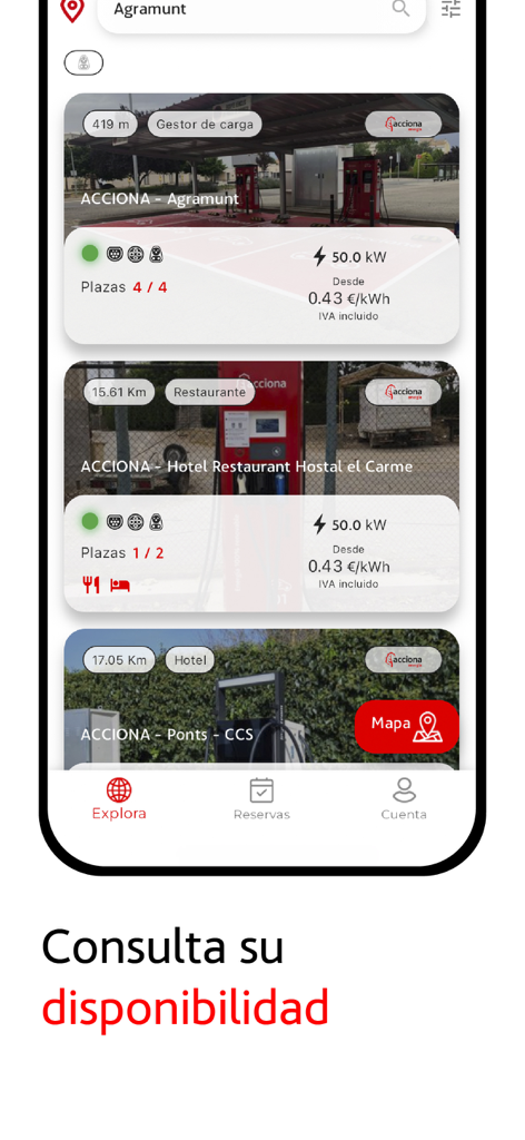 Schermata dell'app ACCIONA recarga EV che mostra le posizioni delle stazioni di ricarica con disponibilità e prezzi in tempo reale.