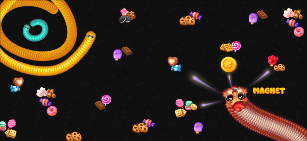 Snake Game - Worms io Zone - Gameplay of Snake Game Worms io Zone showing a chicken head snake using a magnet power up to collect food items