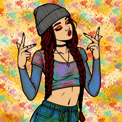 realistic teenage girl with braids and a beanie and crop top doing 🫶🏼