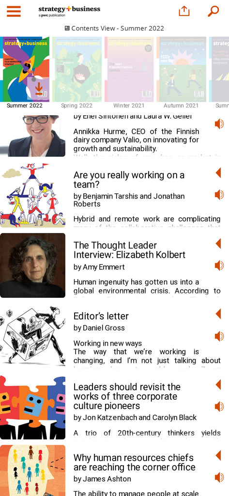 strategy+business magazine - Interface of the strategy plus business magazine app showing the contents view with articles and magazine covers