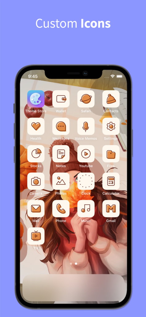 Theme Store: widget changer - Tela inicial do iPhone exibindo ícones estéticos personalizados em um tema de outono quente