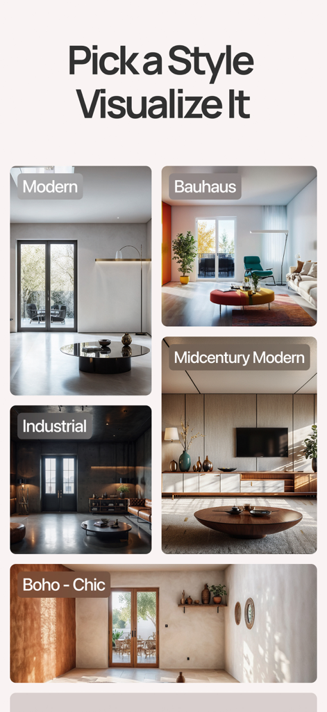 Styles de conception d'intérieur par IA incluant Bauhaus Moderne Industriel Midcentury Modern et Bohème Chic