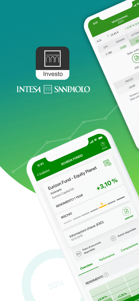 Intesa Sanpaolo Investo - Due iPhone che mostrano l'app Intesa Sanpaolo Investo con dettagli sui fondi di investimento e schermate sulle performance di mercato.