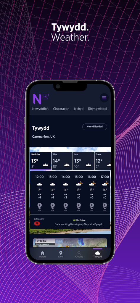 Newyddion S4C - Screenshot of the Newyddion S4C app showing a detailed Welsh language weather forecast for Caernarfon with hourly and daily temperature data