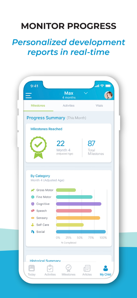 Dashboard showing child developmental milestones and progress charts in the BabySparks app