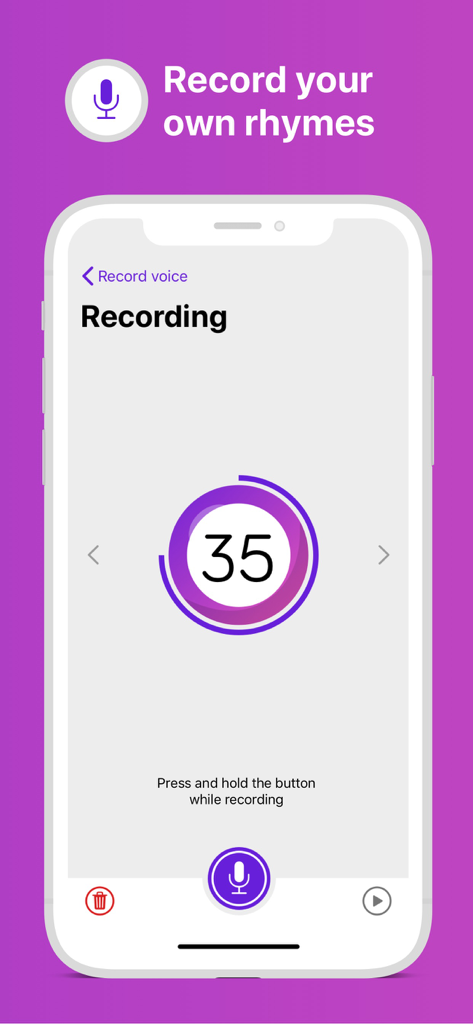 bingo!! - Interface of the bingo app showing the voice recording feature for custom number rhymes