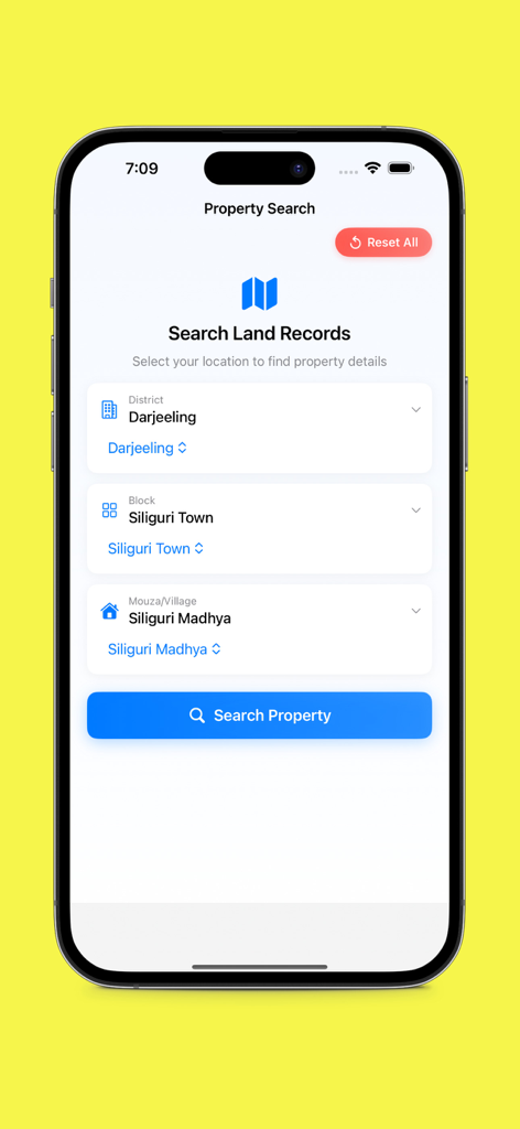 WB Land Record app property search interface with district and village selection for West Bengal