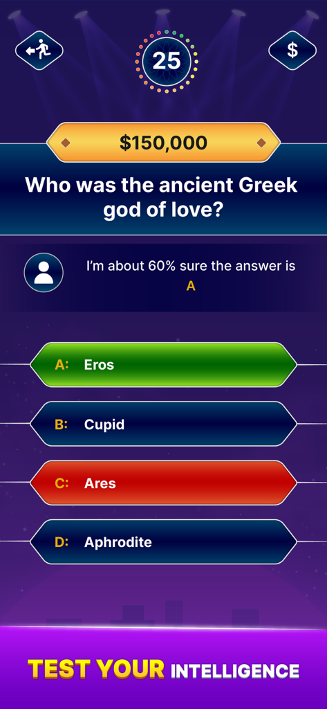 Millionaire Quiz: Trivia Games - Millionaire Quiz gameplay screen showing a trivia question about the Greek god of love with multiple choice answers and a lifeline suggestion.