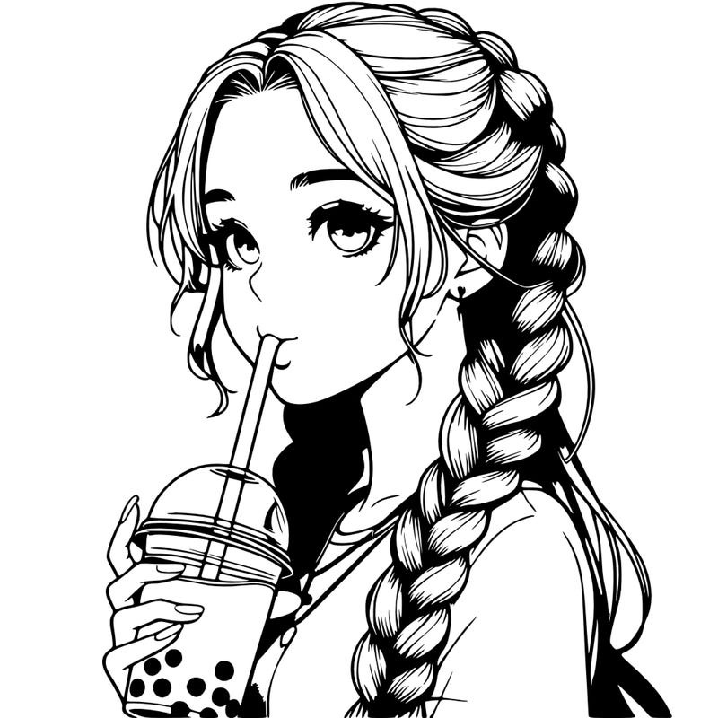realistic girl with braided hair drinking boba