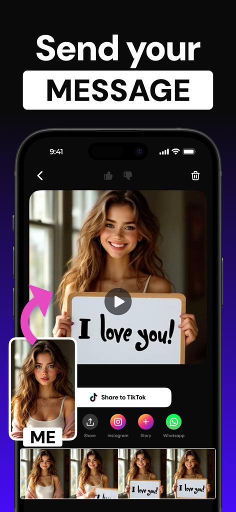 Boom AI app interface displaying an AI generated video message with social media sharing buttons