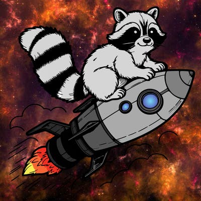 realistic raccoon flying on top rocket ship