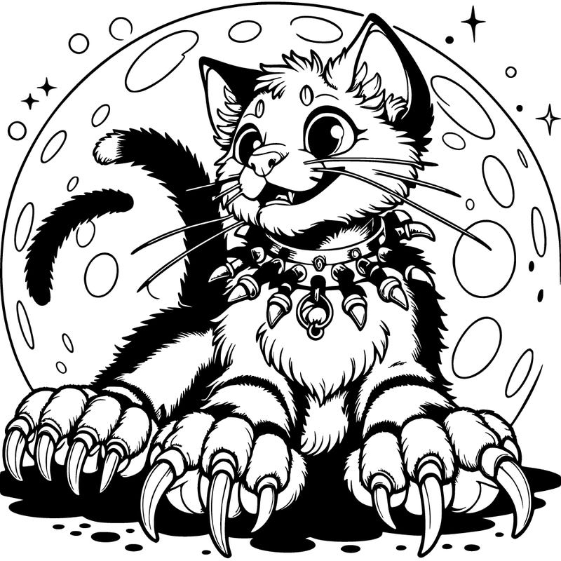 a realistic cat with overly long claws.and a collar with fangs in the collar with a full moon behind the cat