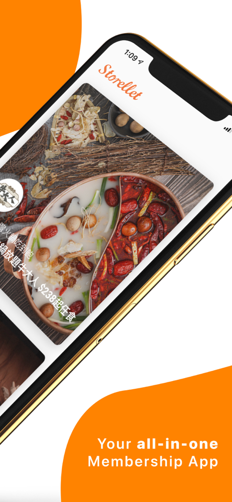 Storellet: Membership & Reward - The Storellet app displayed on a smartphone screen showing food merchant rewards and loyalty program details.