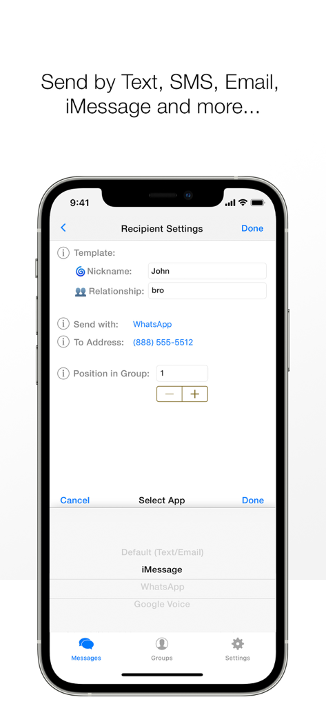 Reach app screen showing recipient settings and platform selection for personalized group messaging.