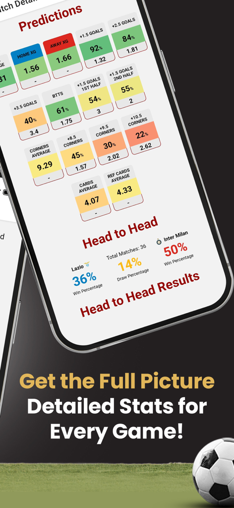 XpertStats Betting Tips - Mobile screen showing detailed soccer match predictions and head to head statistics for betting