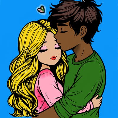 a realistic couple boy and girl hugging and kissing