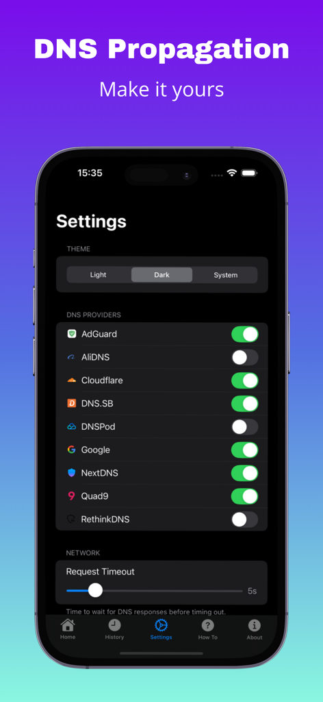 Écran des paramètres de l'application DNS Propagation montrant les options de thème et une liste de fournisseurs DNS comme Cloudflare et Google.