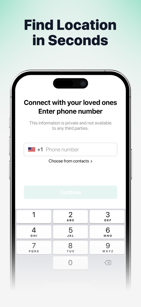 Find Location: Phone Tracker - Mobile app onboarding screen for entering a phone number to connect with family and friends
