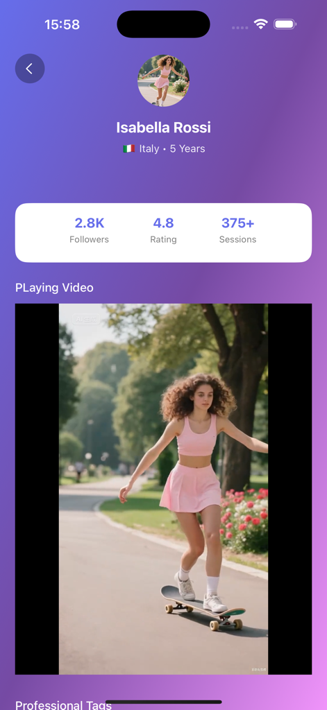 Página de perfil de um instrutor de land surfing no aplicativo Surfly mostrando estatísticas e um vídeo de treinamento de uma garota andando de skate em um parque