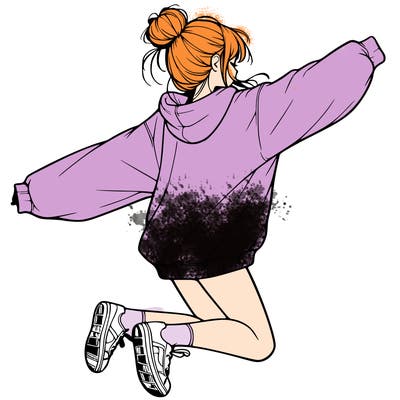 realistic girl jumping with a bun and oversized sweatshirt