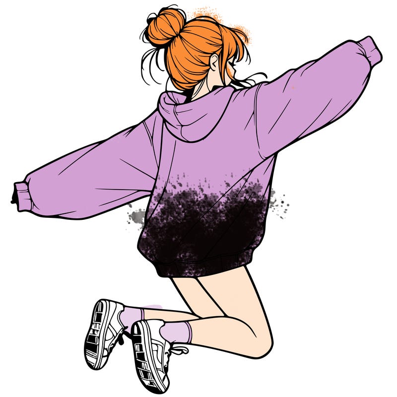 realistic girl jumping with a bun and oversized sweatshirt