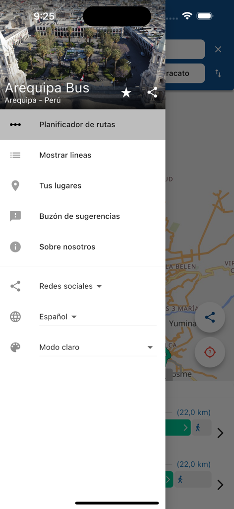 Arequipa Bus - Menu de navegação lateral do aplicativo Arequipa Bus mostrando o planejador de rotas e as configurações de idioma