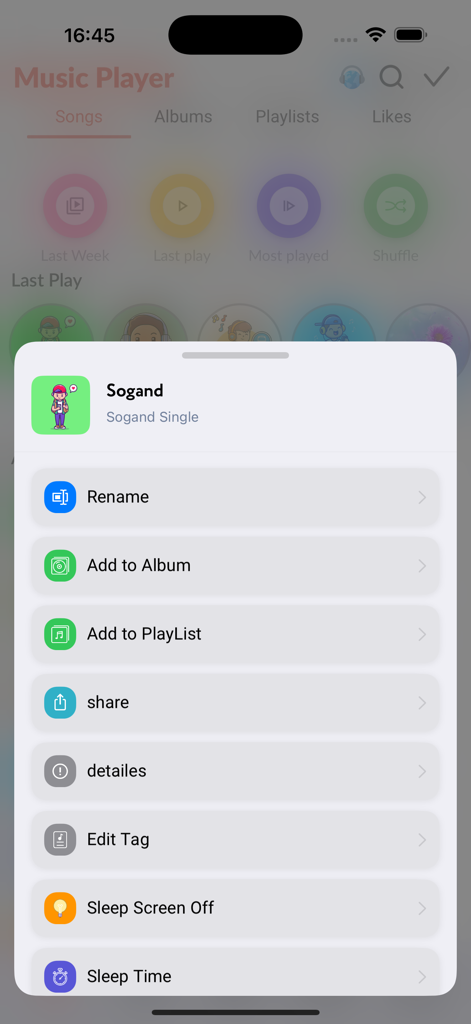 Offline Music Play موزیک پلیر - iOS screenshot of Offline Music Play app menu showing song options and sleep timer settings.