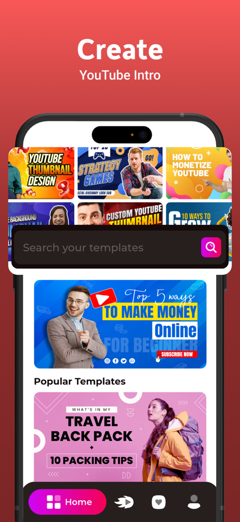 Oberfläche der Intro Maker App, die eine Bibliothek von YouTube-Intro- und Thumbnail-Vorlagen für Content Creators zeigt