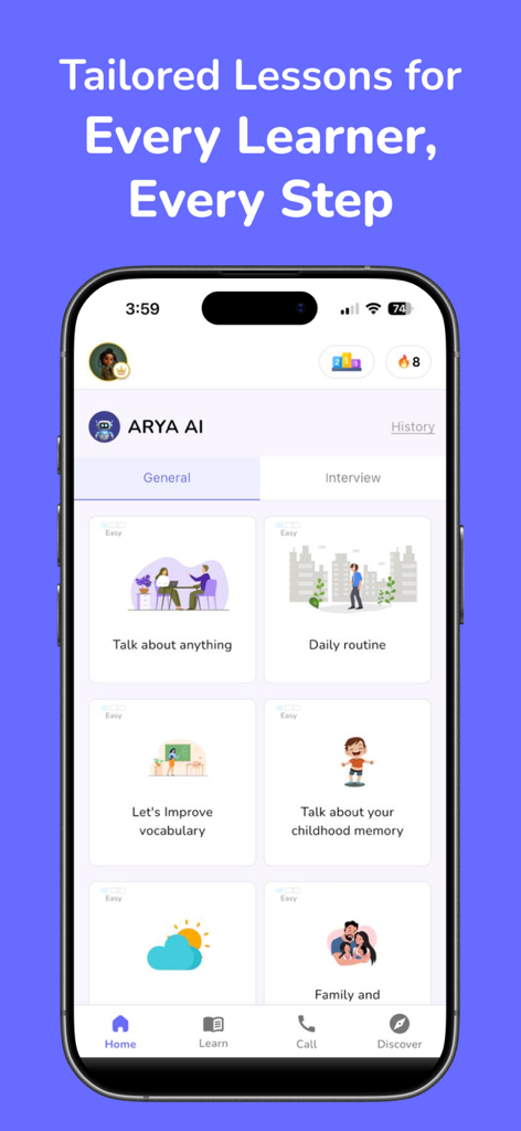 MySivi AI English Speaking App - MySiviアプリのインターフェース。AIによるカスタマイズされた英語スピーキングレッスンと会話トピックを表示している。