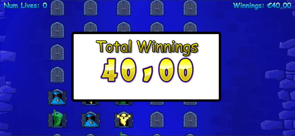 Haunted House - A screenshot of the Haunted House slot game showing a large pop up with total winnings of 40.00.