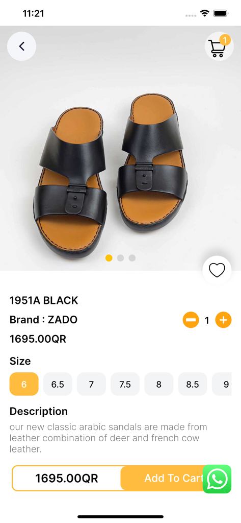 ZADO - Produktseite in der ZADO-App, die klassische schwarze Leder-arabische Sandalen mit Preis- und Größenauswahl zeigt.