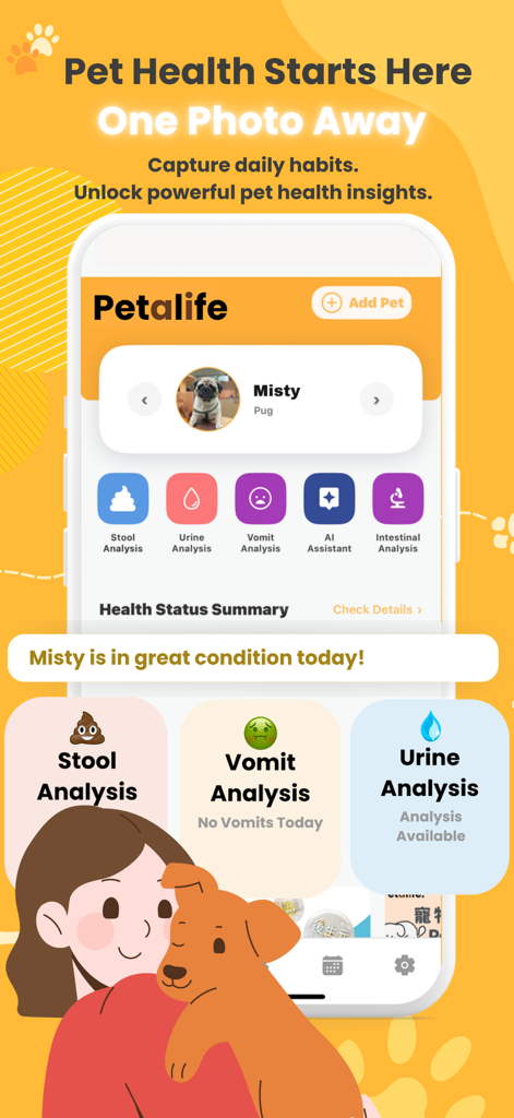 Petalife mobile App-Oberfläche, die KI-Gesundheitsanalysen für einen Mops anzeigt