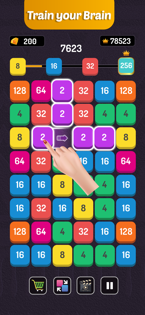 Number Blast - Puzzle Game - Una mano fusionando coloridos bloques numerados en la interfaz del juego de rompecabezas Number Blast