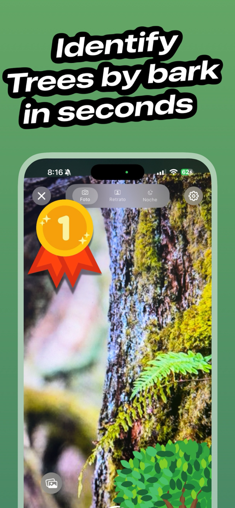 Tree Identifier - TreeBarkId - A mobile app interface showing a smartphone camera scanning tree bark for instant identification